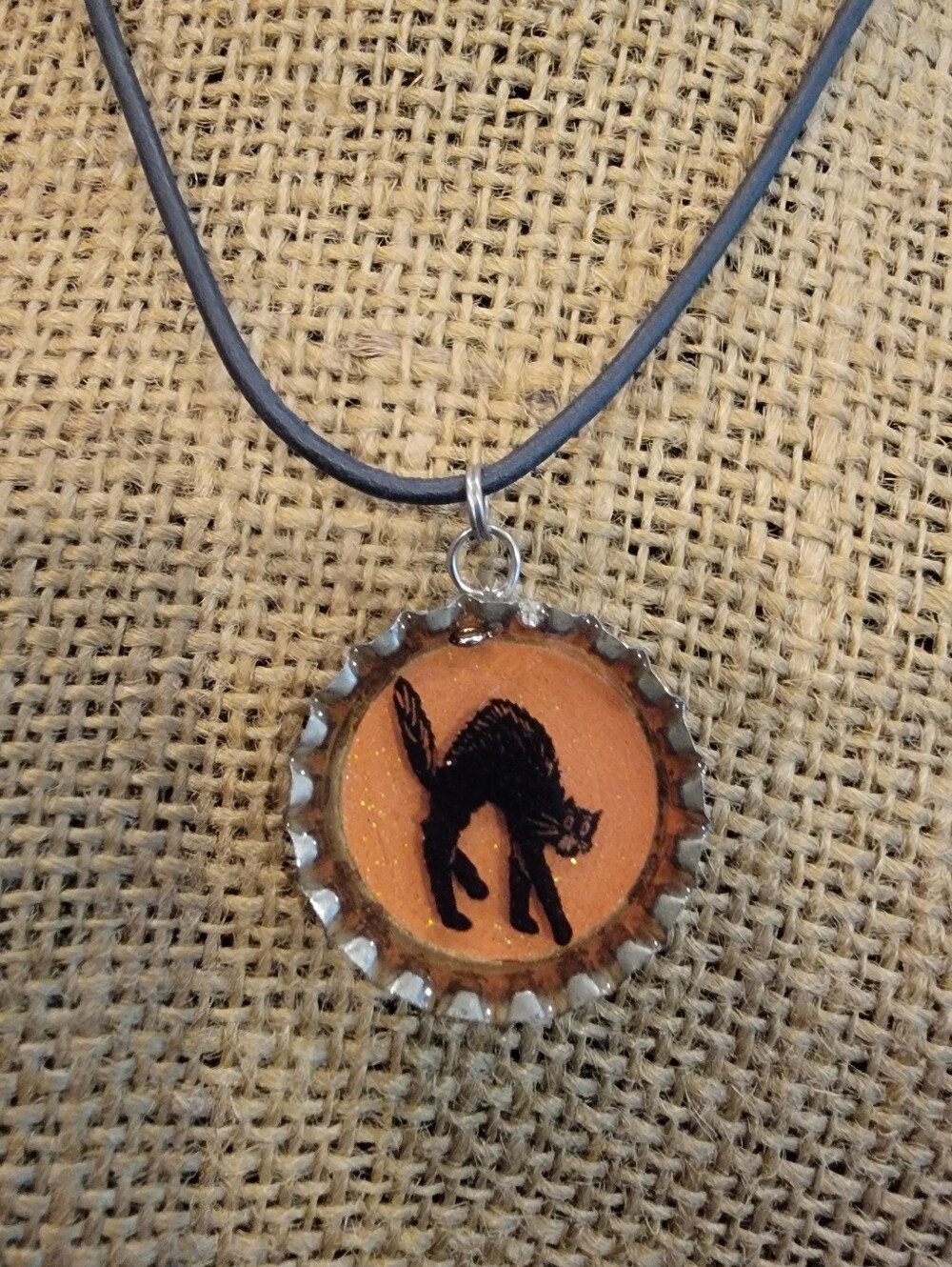 Halloween Vintage Black Cat Glittery Bottle Cap Pendant Necklace